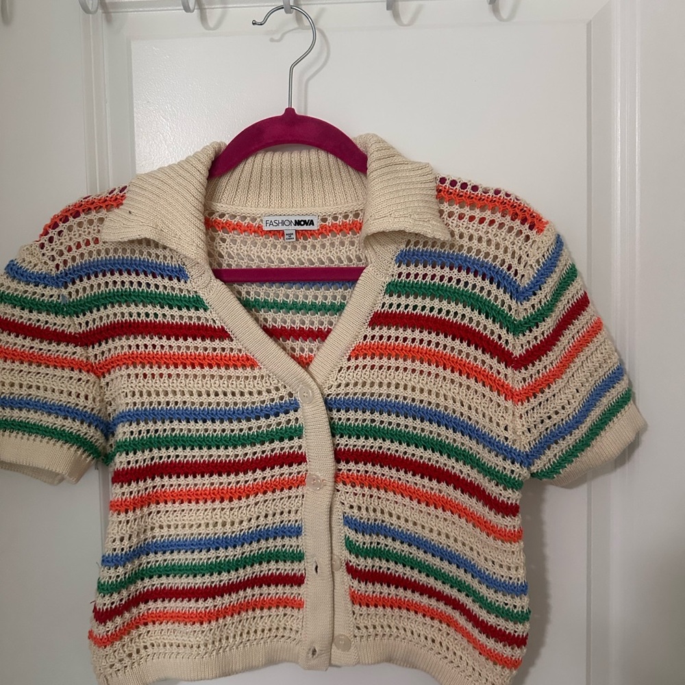 Fashion Nova Cream Multicolor Striped Cardigan